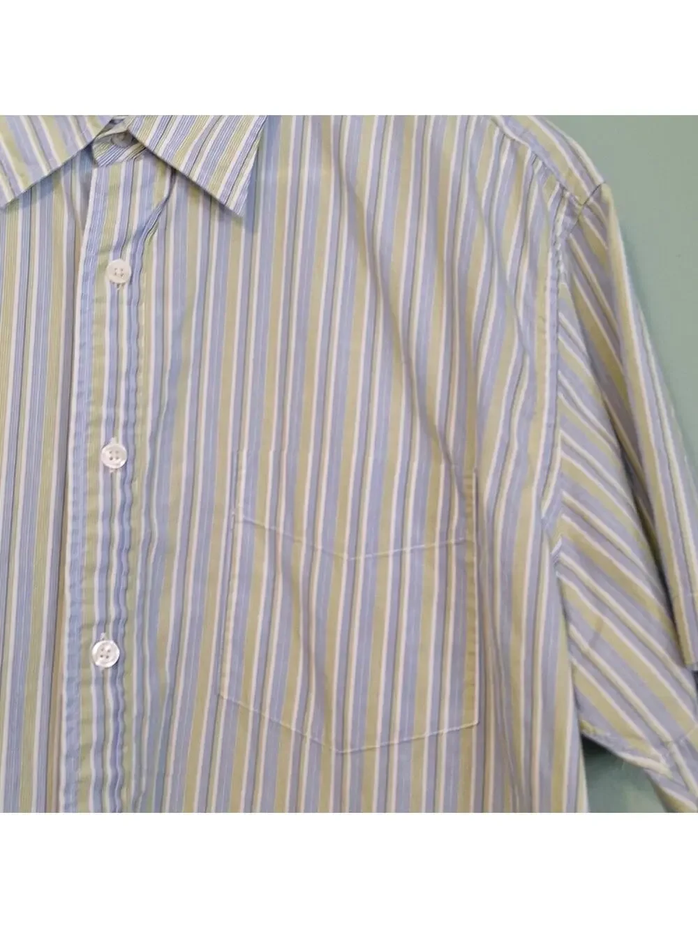 J. Crew 100% Cotton Green And Blue Striped Button Up Short Sleeve Dress Shirt L